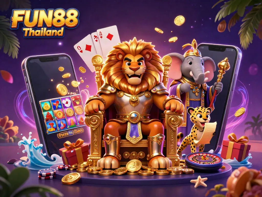 Spin to win with FUN88 Thailand, showcasing a vibrant casino-themed illustration featuring a lion king, elephant advisor, and cheetah messenger.