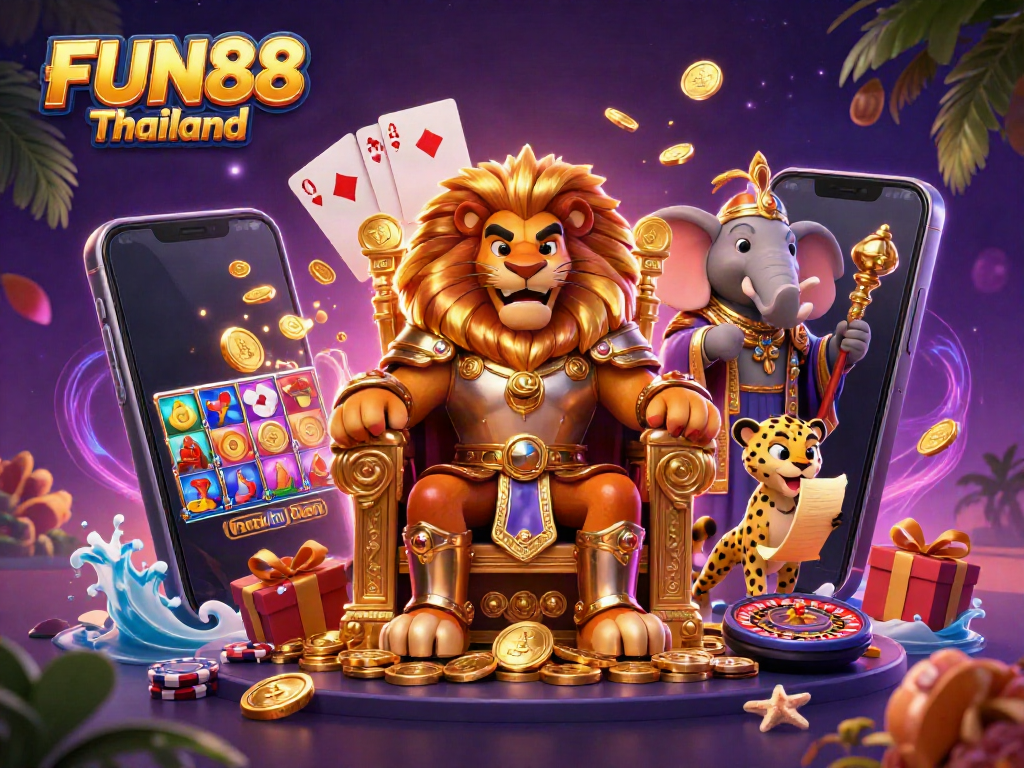 Spin to win with FUN88 Thailand, showcasing a vibrant casino-themed illustration featuring a lion king, elephant advisor, and cheetah messenger.
