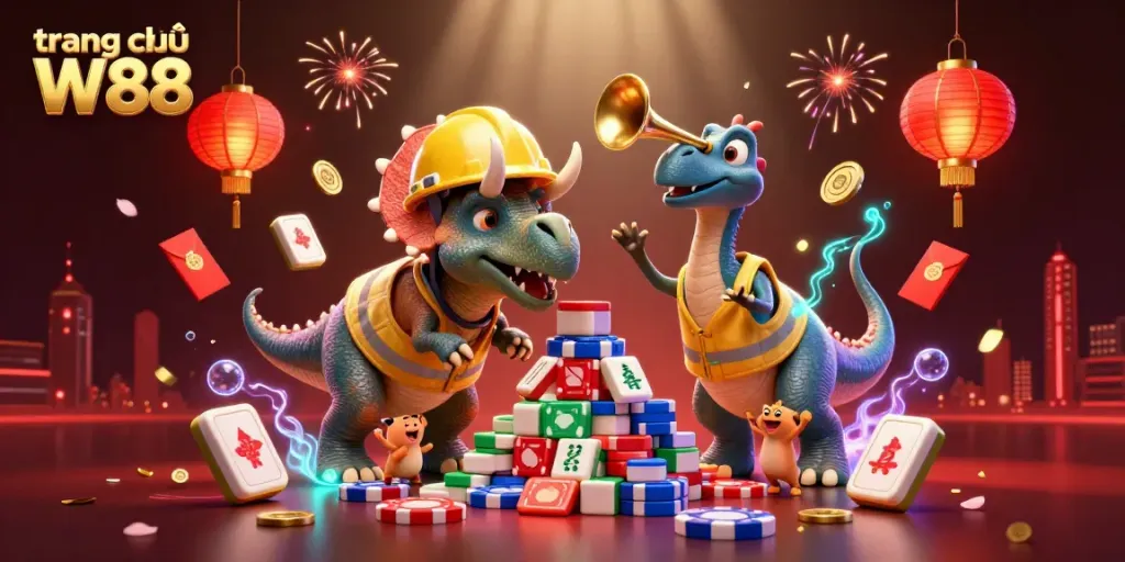Engage in thrilling gameplay with the vibrant illustration of trang chủ W88, featuring cheerful characters and celebratory elements.