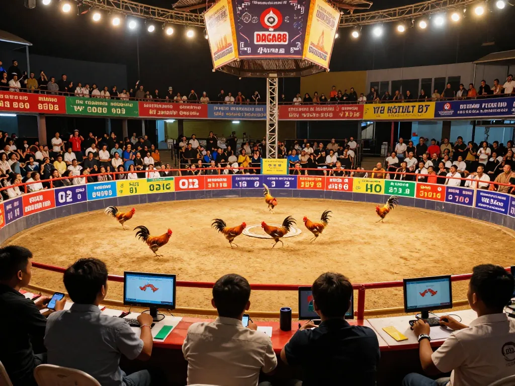 DAGA88 cockfighting live stream captures intense moments and excited spectators at Thomo arena.