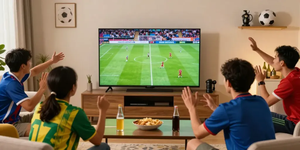 Fans enjoying a live football match at home with gavangtv.study streaming services.