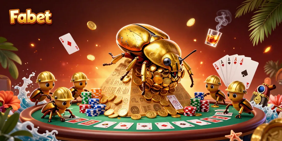 Experience the thrill of Fabet with a vibrant 3D illustration of golden beetles and casino symbols.