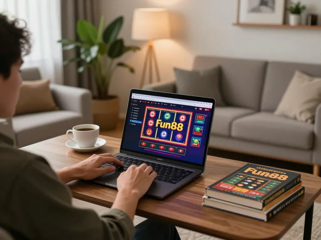 Player enjoying fun88 online casino gaming in a cozy home setting with strategy materials.