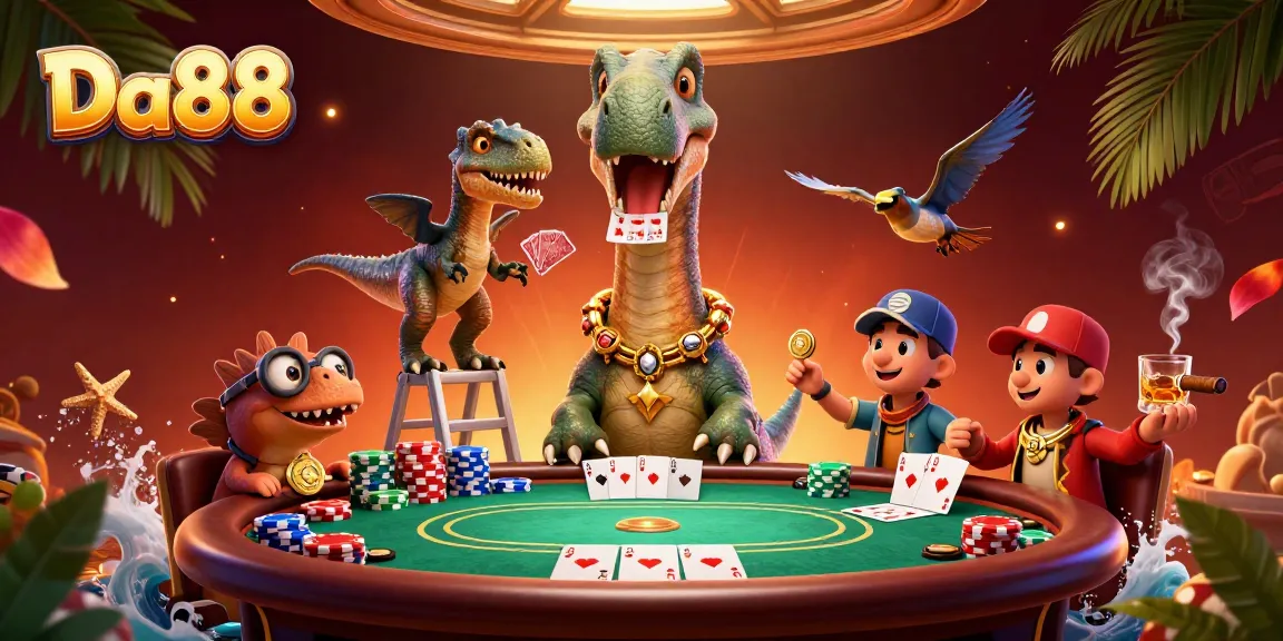 Experience exciting poker action at Da88 with a towering brontosaurus overseeing thrilling gameplay.