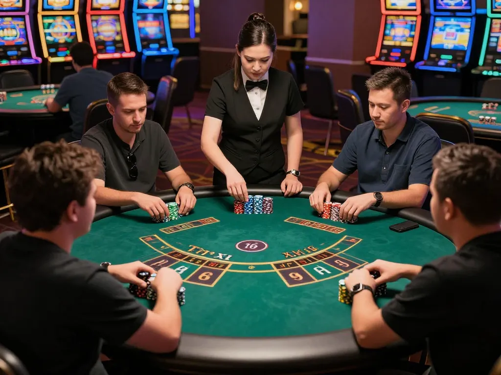 Tài xỉu MD5 game in a lively casino, players engaged with chips and cards.