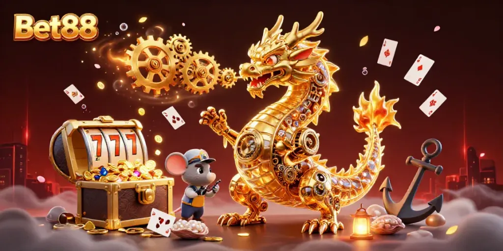 Experience the magical world of Bet88 with a golden dragon and immersive casino elements.