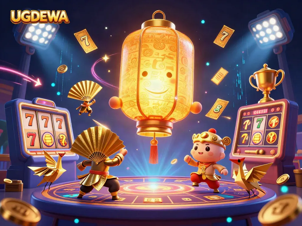 Spin and win with UGDEWA's dynamic slot reels surrounded by atmospheric gaming elements.