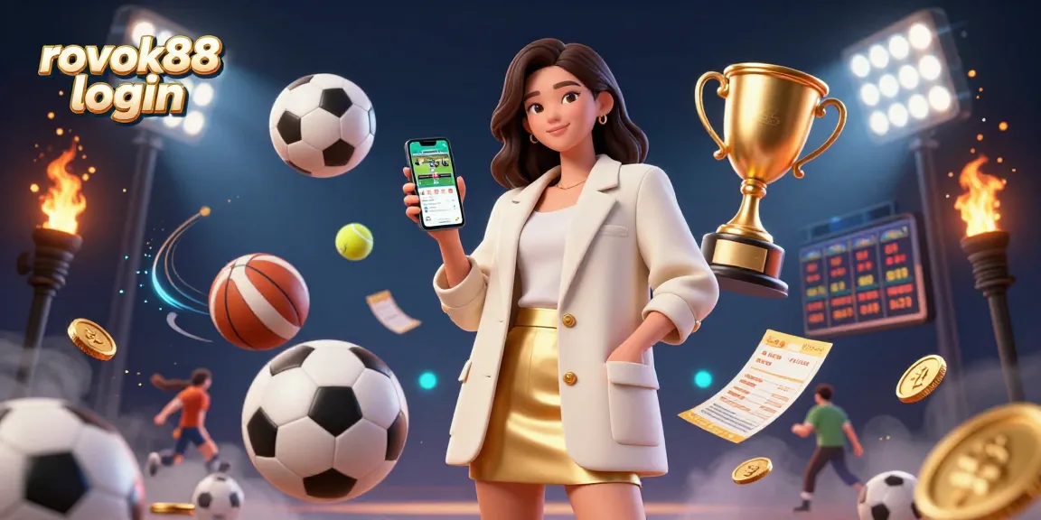 Experience seamless betting with ROKOK88 login on a vibrant sports betting illustration.