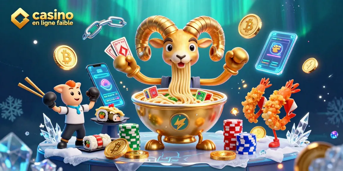 Visitez un casino en ligne fiable avec des personnages de ramen, gyoza et sushis animés, jouant aux cartes.