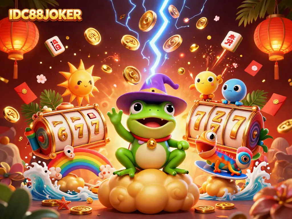 Play thrilling games at IDC88JOKER featuring dynamic illustrations of golden coins and slot reels.