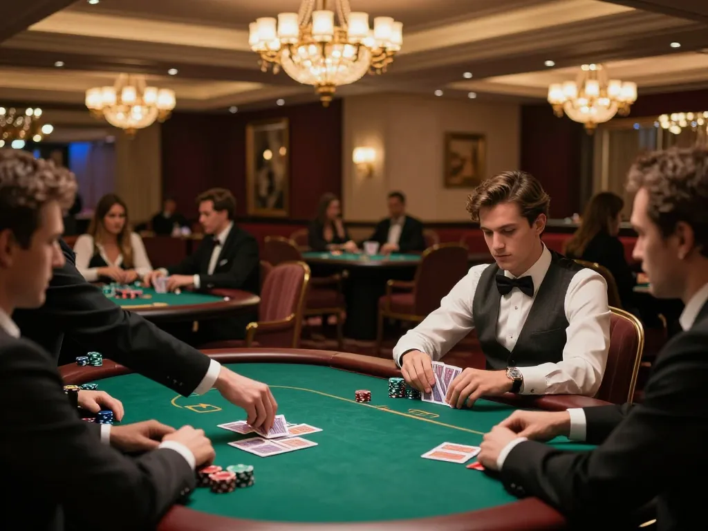 VIPWIN poker action in a sophisticated casino gaming area with elegant decor and players.