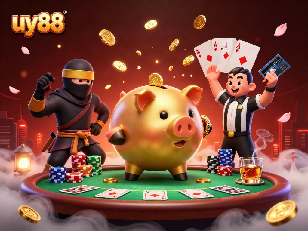 Experience thrilling gameplay at uy88 with an action-packed illustration of a sumo wrestler, ninja, and samurai.