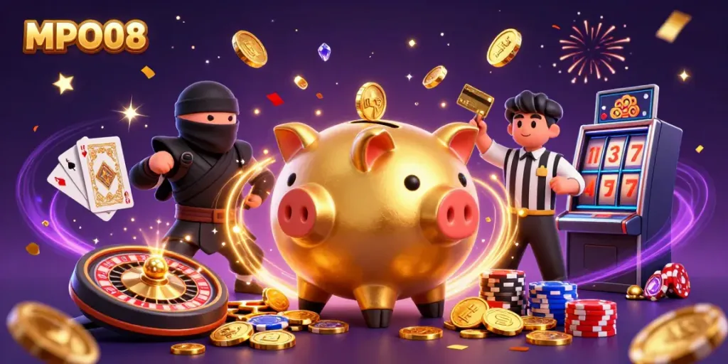 MPO08's vibrant 3D cartoon scene showcasing a golden piggy bank sumo wrestler and other dynamic game elements.