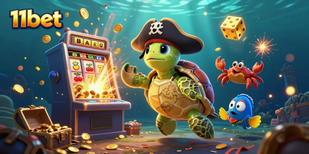 Experience thrilling gaming action with 11bet in a vibrant underwater scene featuring a pirate turtle, crab, and parrotfish.