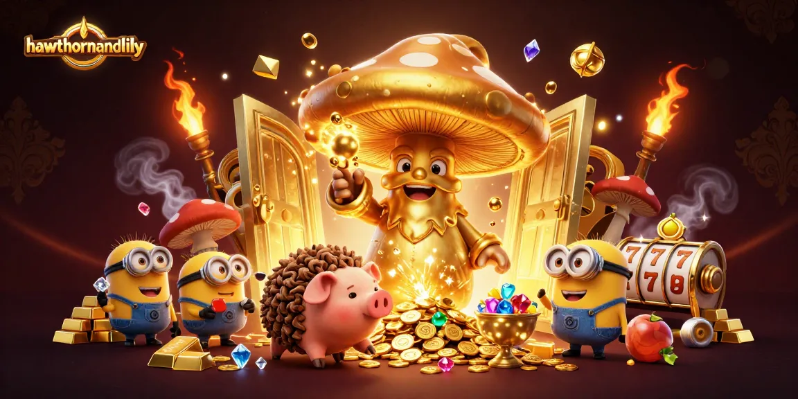 Play exciting games at hawthornandlily casino with a vibrant illustration of golden characters and treasure.
