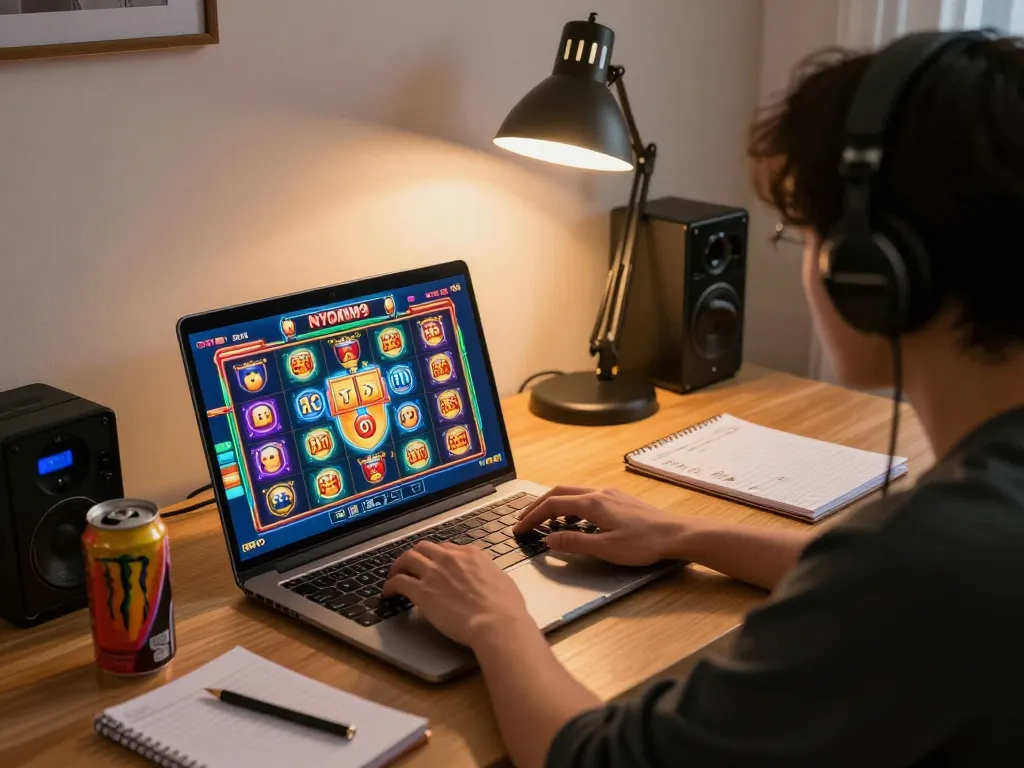 Nyonya9 player engaging with online slots on their laptop, showcasing a responsible gaming environment with strategic notes.