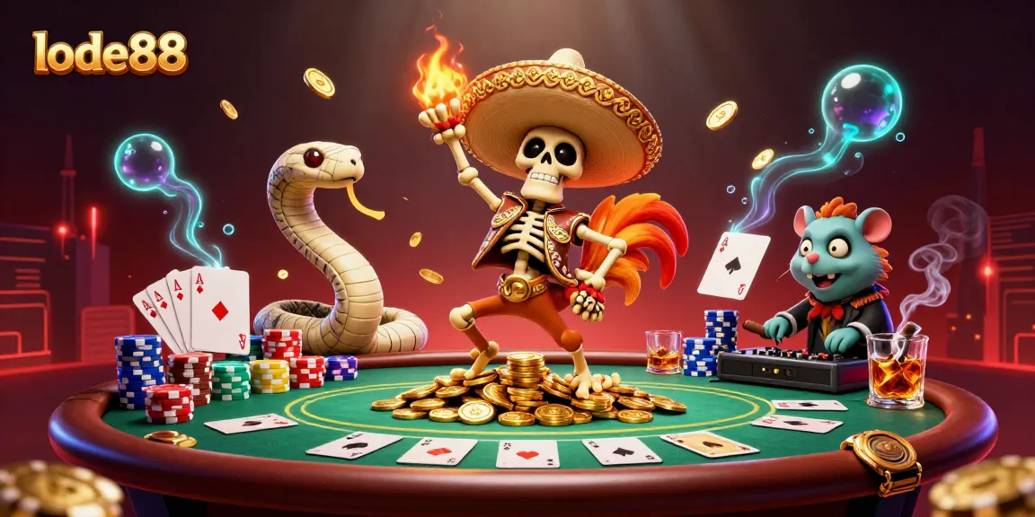 Watch the lode88 characters celebrating a big poker win with vibrant casino elements.