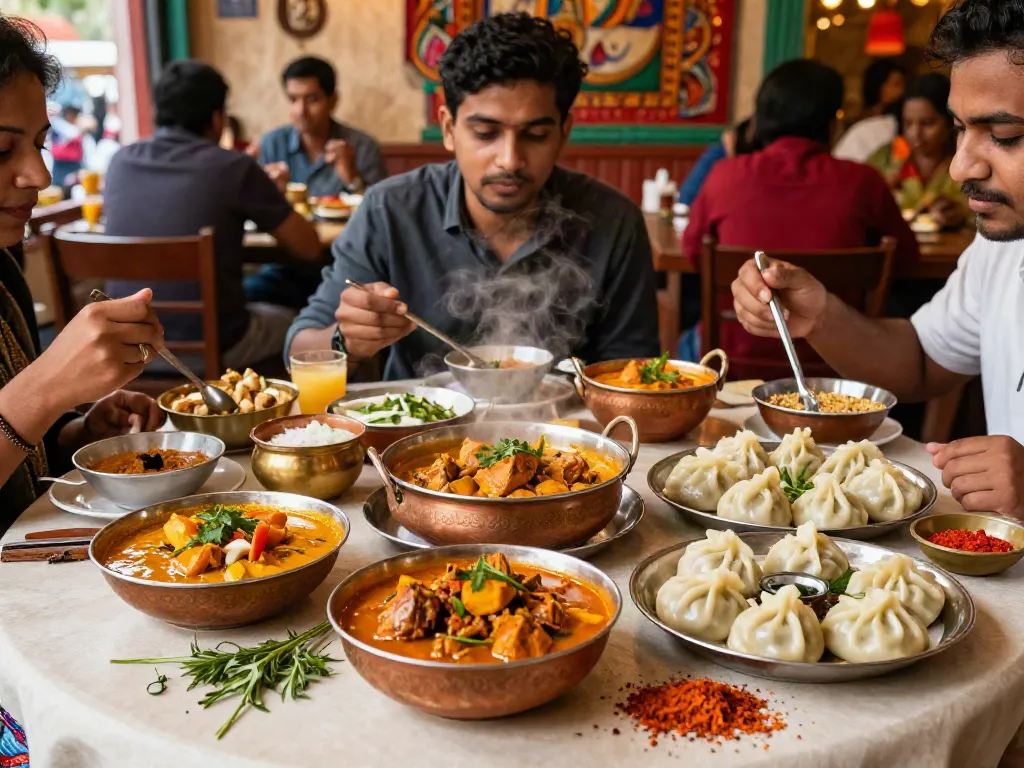 Delicious rokok88 slot themed dishes featuring curry and momo in a vibrant restaurant setting.