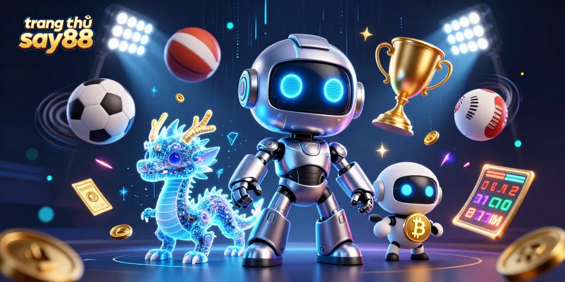 Join the fun at trang chủ say88, showcasing a colorful 3D casino scene with cyberpunk characters and sports action.
