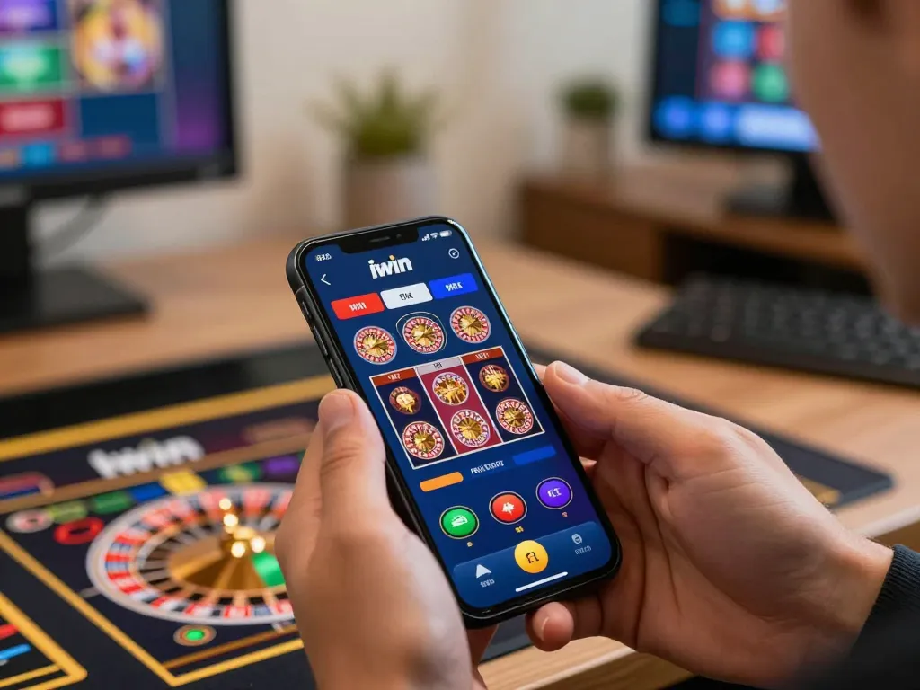 IWIN app interface displayed on smartphone showcasing vibrant online casino games in dynamic gaming setup.