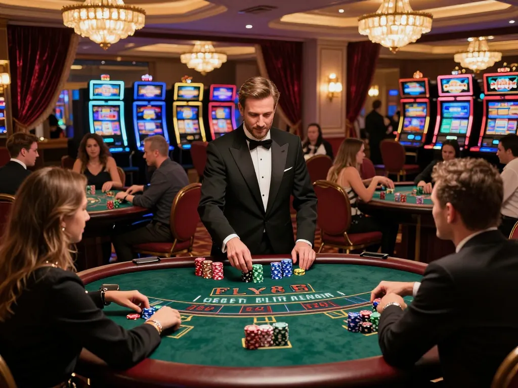 Experience the thrill of FLY88 at an upscale blackjack table bustling with eager players and vibrant atmosphere.