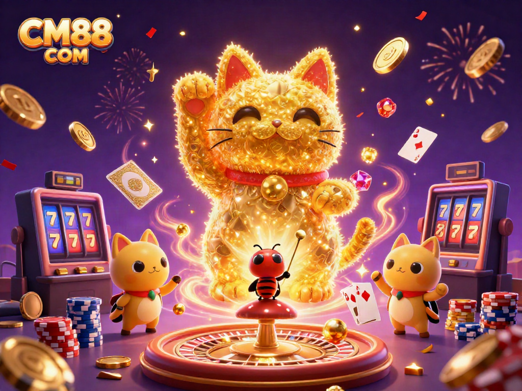 Experience enchanting gameplay with CM88 COM as lucky symbols dance in a vibrant casino scene.