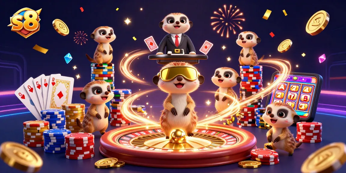 S8 casino meerkats manage a lively gaming scene filled with sparkling gems and chips.