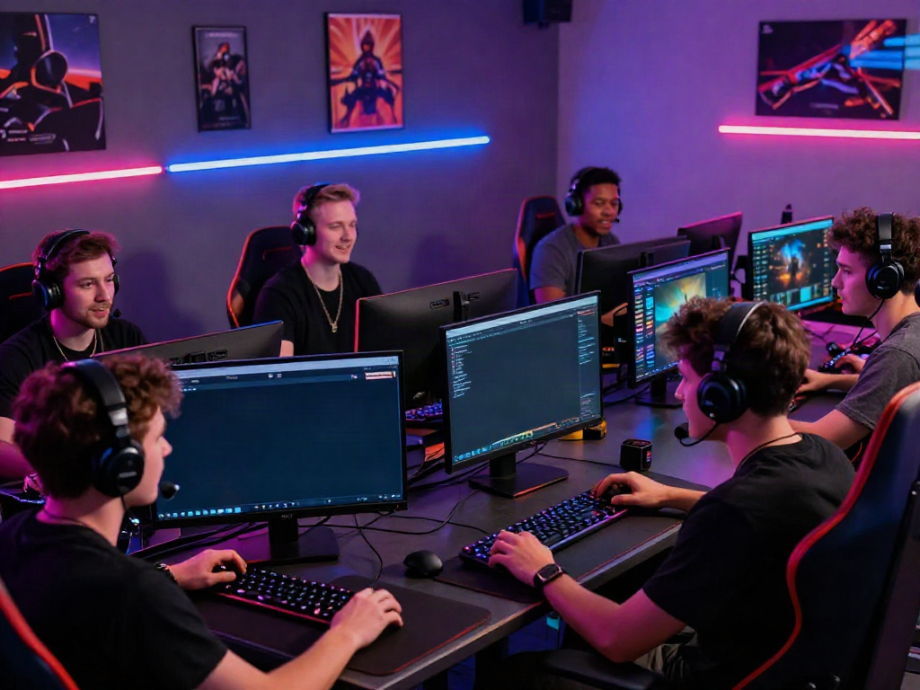Men engaged in high-tech gaming at Manclub, showcasing game interfaces and vibrant lighting.
