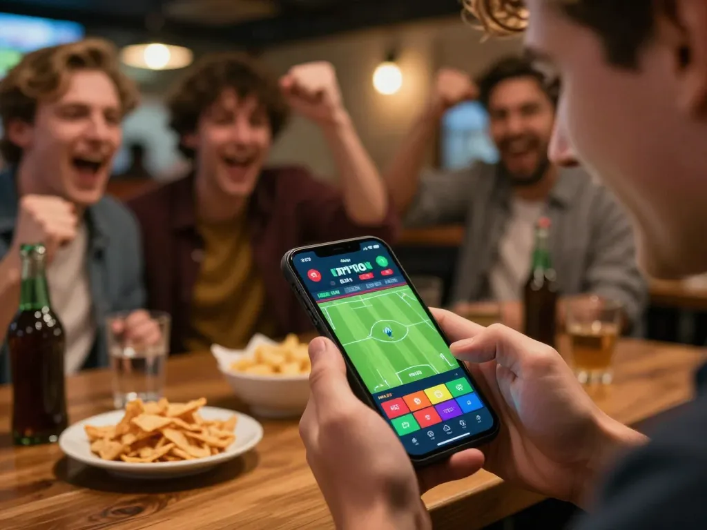 Person placing bets on kèo nhà cái using a smartphone at a lively sports bar, showcasing excitement and strategy in gambling.