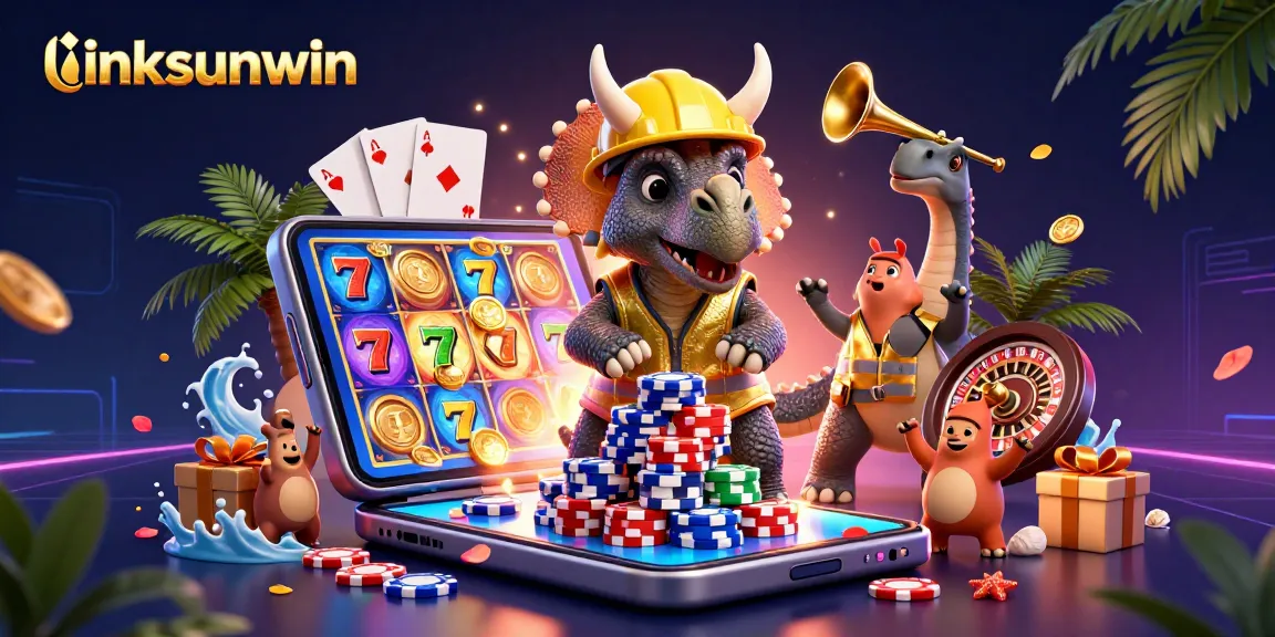 Players immerse in linksunwin's vibrant slots scene, celebrating wins with dynamic casino elements.