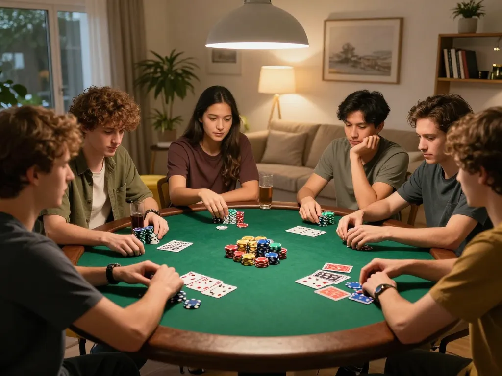 Friends enjoying a poker game at home, showcasing rokok88 gambling excitement and interaction