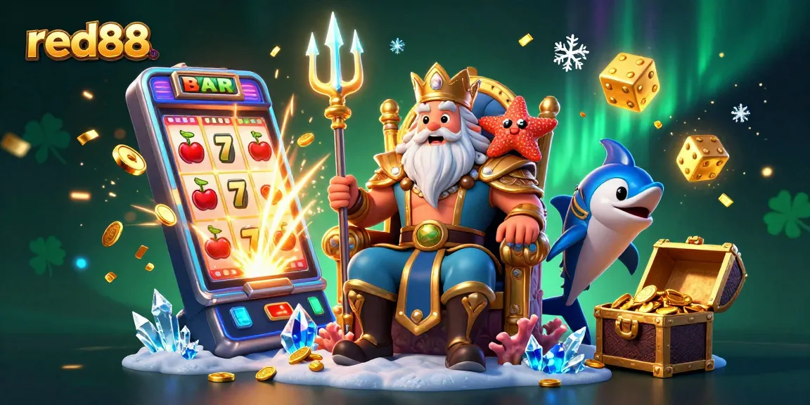 Experience the excitement of red88 with a vibrant casino scene featuring Neptune, slot machines, and colorful gaming elements.