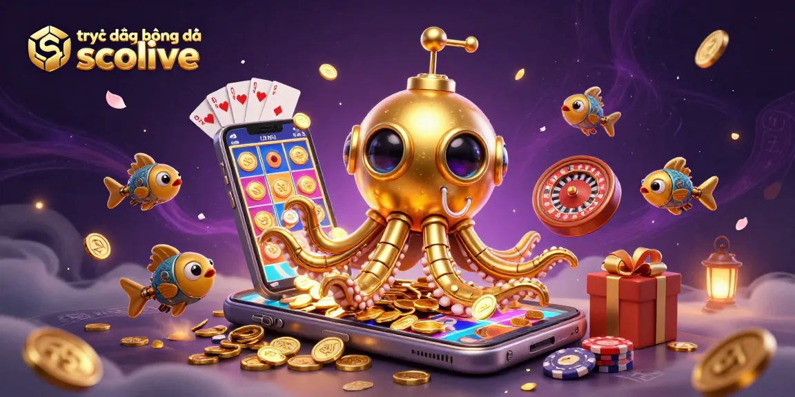 Experience the excitement of trực tiếp bóng đá socolive with a golden kraken submarine amidst a treasure trove of golden coins.