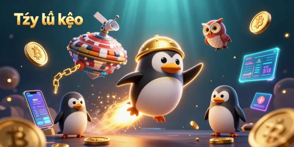 Engage with Tỷ lệ kèo in an ultra-detailed 3D illustration showcasing a rocket-powered penguin at a casino-themed poker chip.
