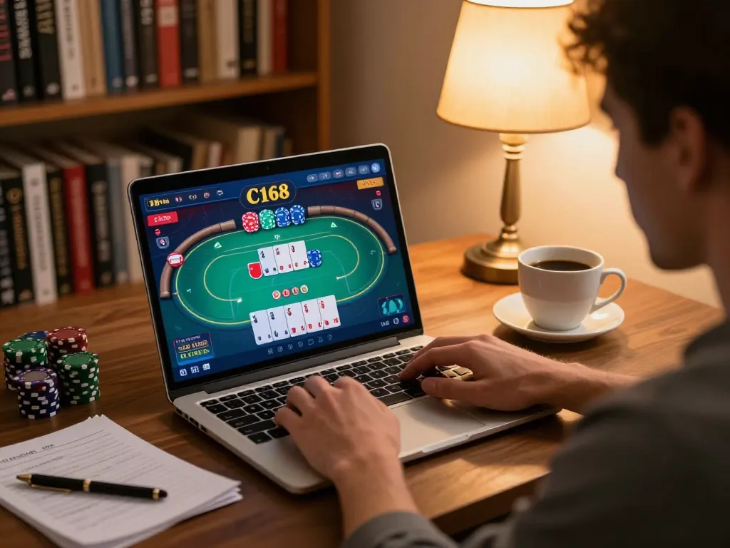 Engaged player in C168 game on laptop at home, showcasing strategy notes and cozy atmosphere.