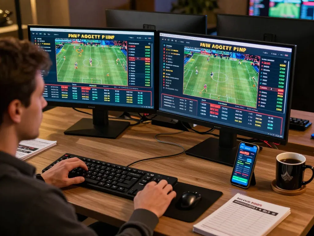 Engaged bettor analyzing online sports odds on multiple screens, exploring tylekeo strategies.