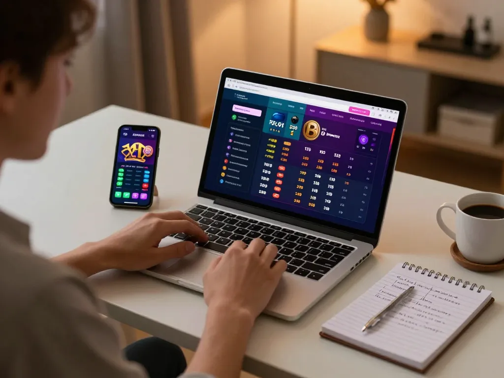 Person using sports betting app at https://www.mnm88.com/ with laptop and notes, showcasing online gambling ambiance
