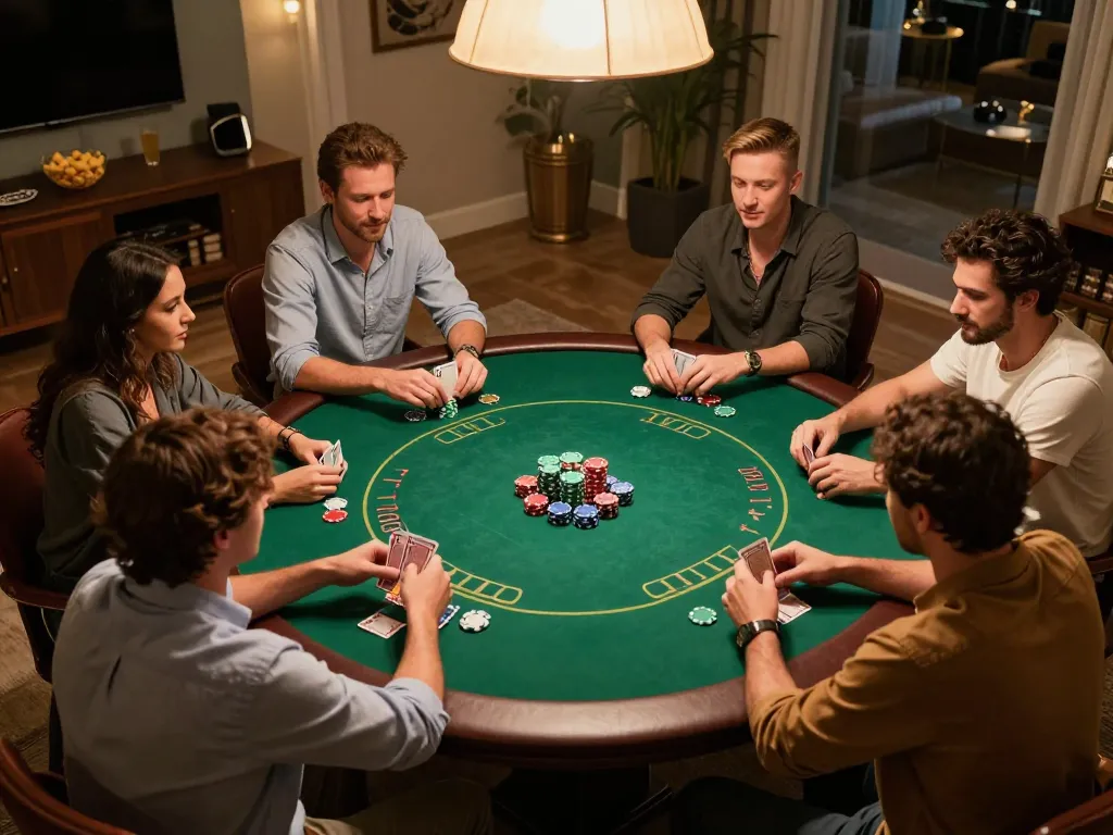 Friends enjoying an exciting poker night at home with strategies focusing on mb66-t gaming.