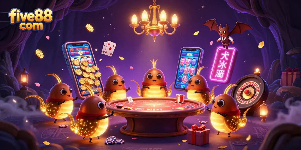 Experience the glow of five88 com with animated glowworms and vibrant casino elements.