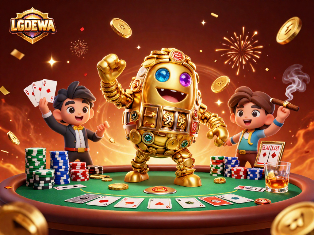 Experience thrill with LGODEWA's vibrant 3D illustration of gold coin golem amidst exciting casino elements.