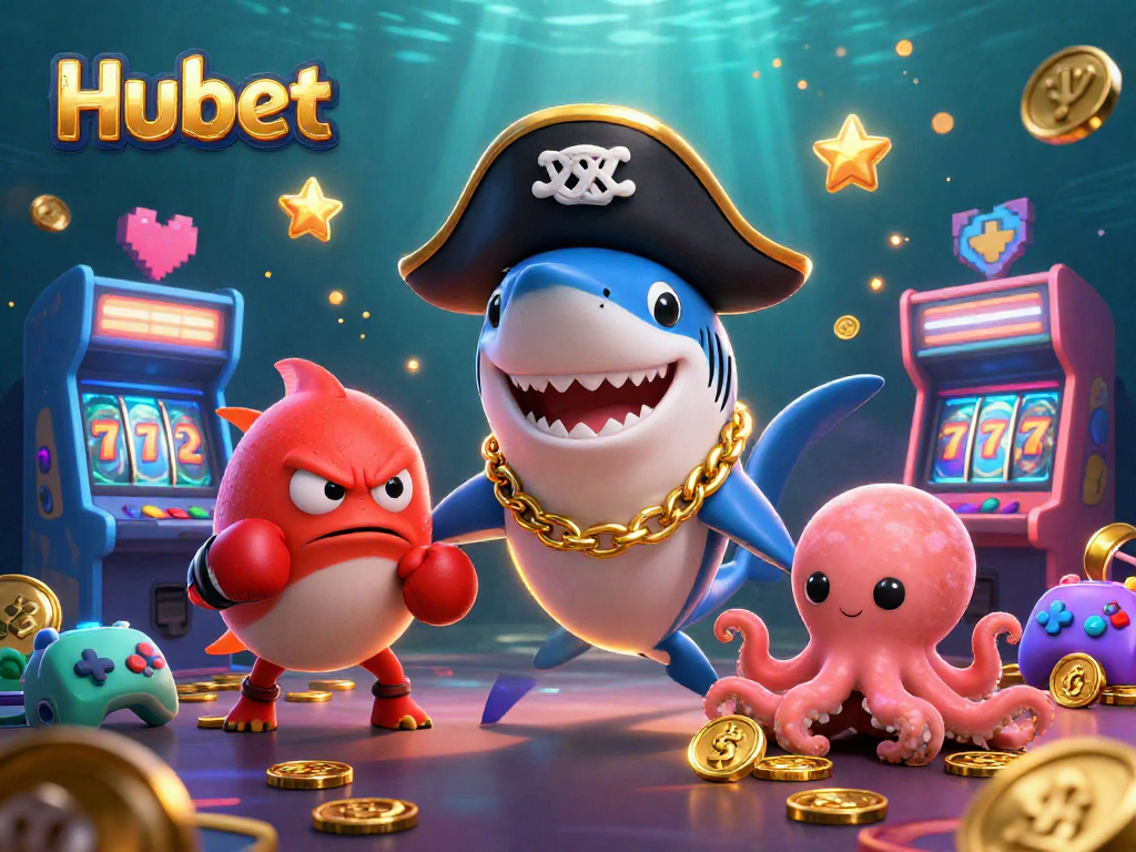Experience Hubet’s thrilling casino atmosphere with cartoon characters and gaming excitement.