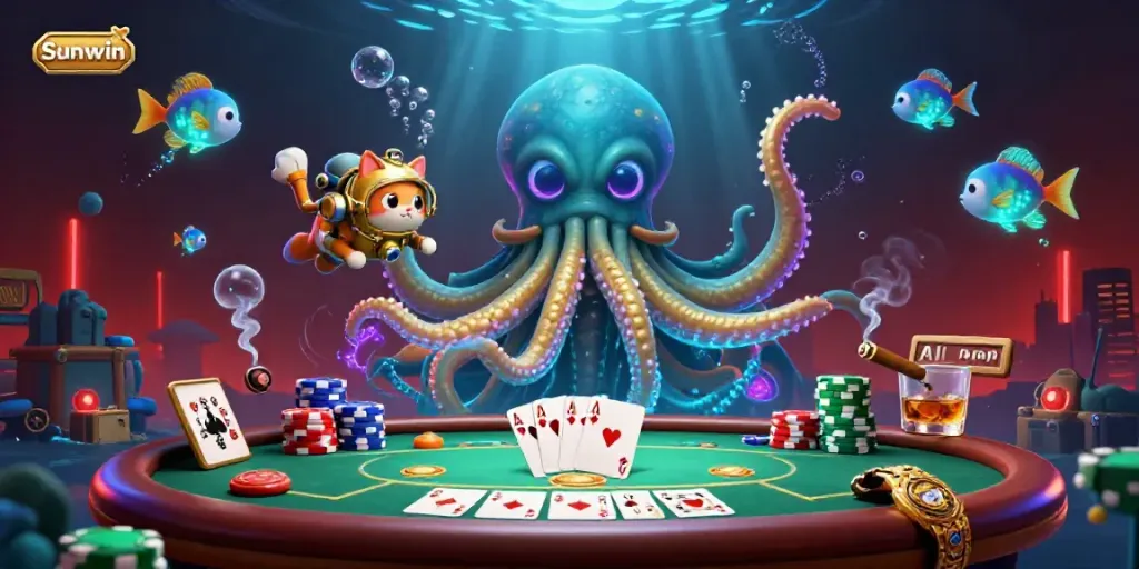 Engaging illustration showcasing Sunwin-themed casino adventure with vibrant characters and gambling elements.