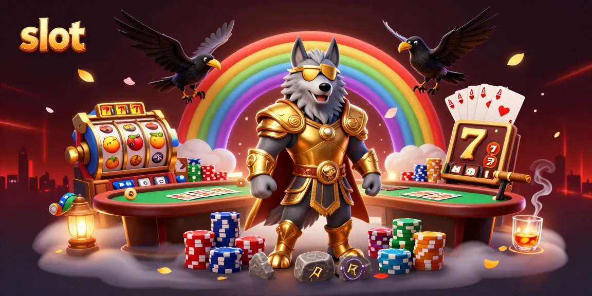 Spin slot reels with a cartoon Odin wolf and ravens in an energetic casino scene.