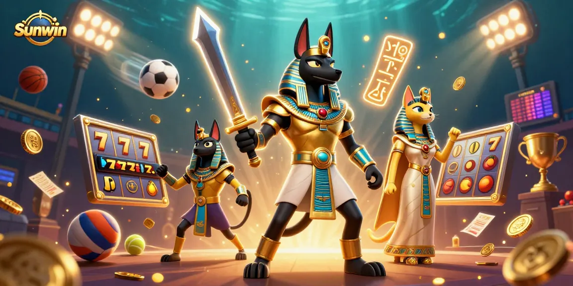 Win big with Sunwin in this vibrant casino-themed illustration featuring ancient Egyptian characters.