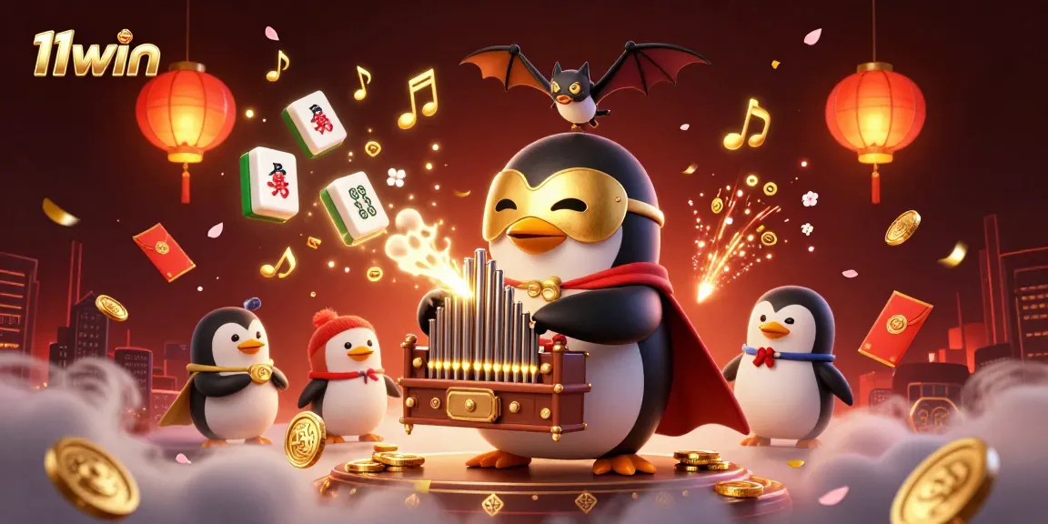 Experience thrilling gameplay at 11win with a vibrant 3D illustration of a penguin casino character amidst rich, dynamic elements.