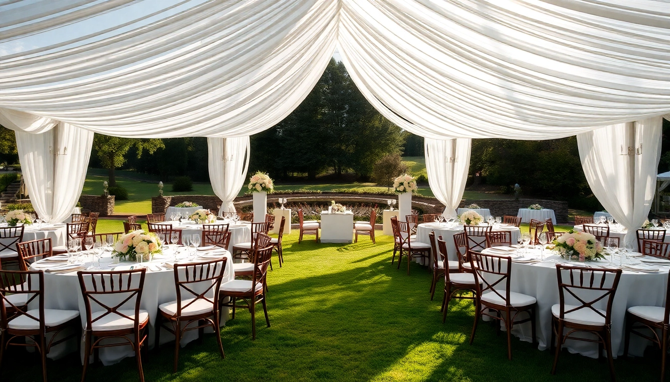 Set of Wedding Tent Chair & Table Rentals beautifully arranged for a romantic outdoor celebration.