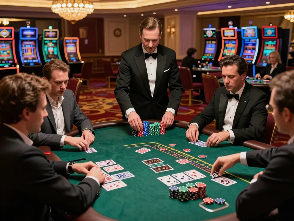 33winn players engaging at a blackjack table in an upscale casino, showcasing the thrill of gaming.
