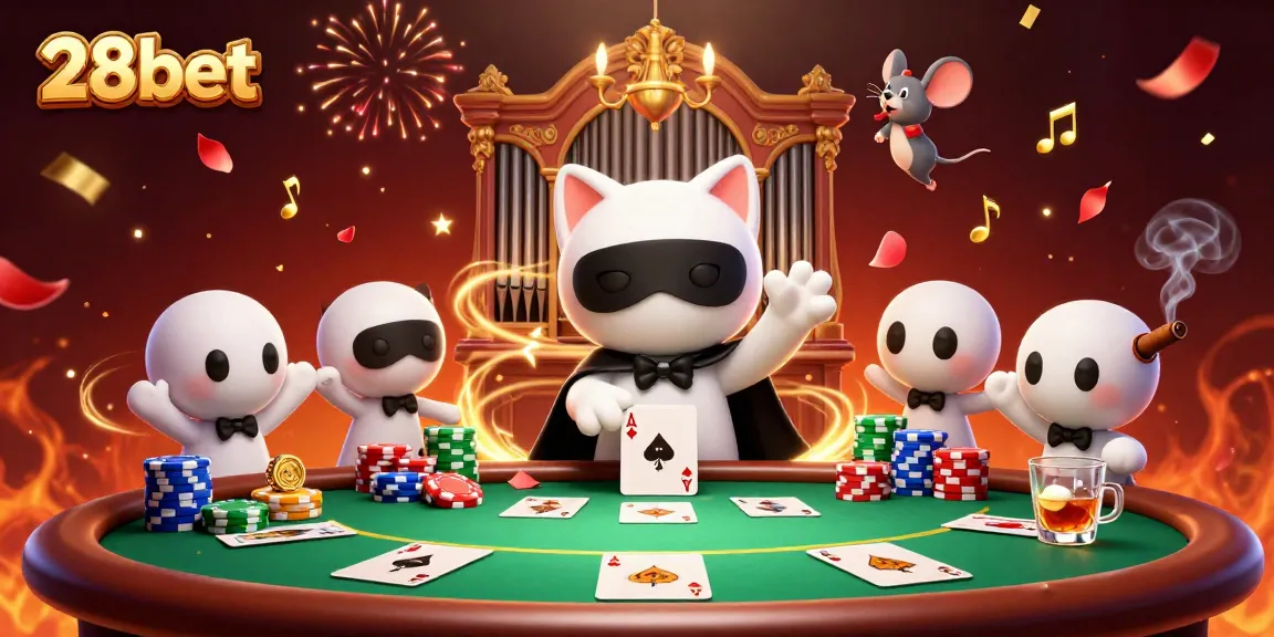 Win big with advanced strategies at 28bet in this vibrant casino scene featuring dynamic characters and gambling elements.