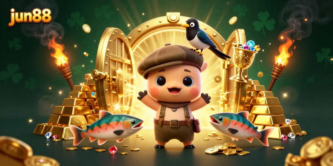 Experience the excitement of jun88 with vibrant gold treasures and friendly characters in a lively casino setting.