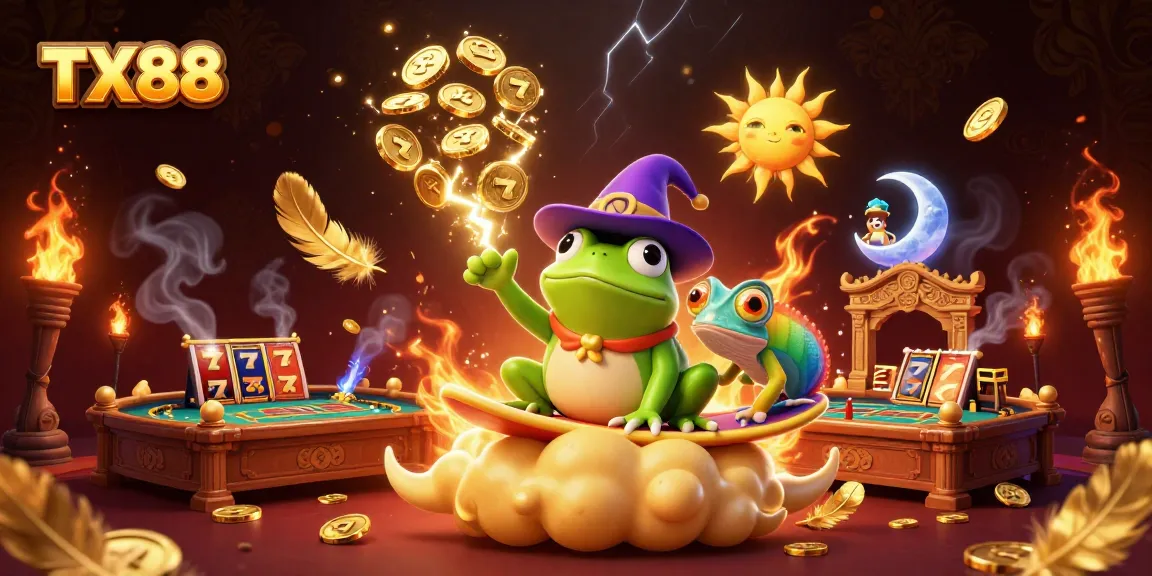 Win big with TX88 - a cartoon storm of gold coins and gaming excitement!